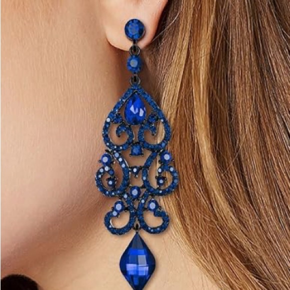Sapphire Blue Filigree Drop Earrings - Picture 1 of 2